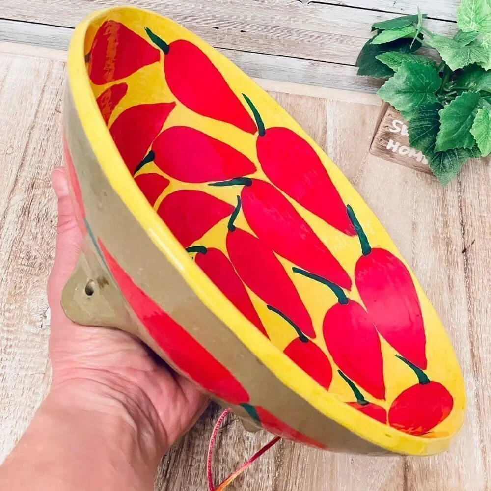 NWT Mexican Pottery Art 9.5” Hand Painted Footed Yellow Chili Pepper Salsa Bowl